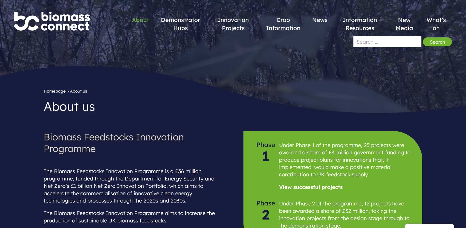 screenshot of biomass connect website